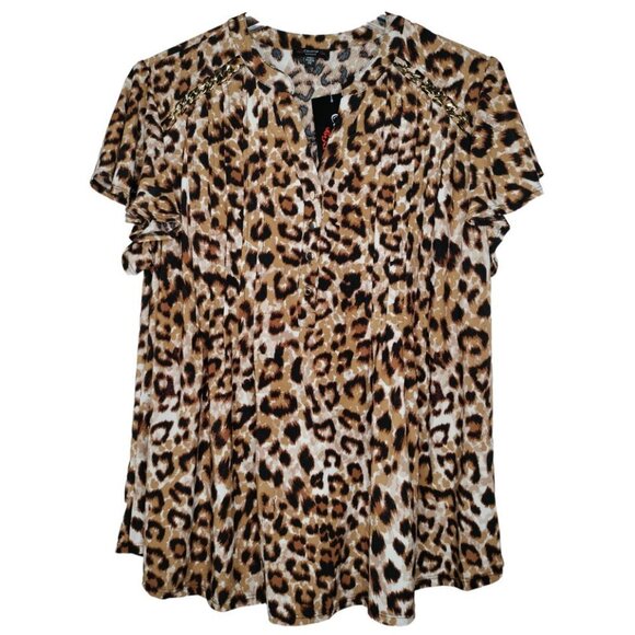 Cocomo Women's Plus Size 2X Tan Multi Animal Print Pintuck Flutter Sleeve Top - Picture 1 of 6